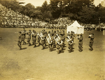 Band of the 1st Battalion, Taranaki Regiment (Taranaki Regimental Band), on parade at Pukekura Park; Late 1930s; PHO2009-137