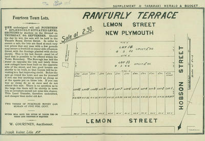 Sale of fourteen town lots, Ranfurly Terrace and Lemon Street New Plymouth [poster]; 08 Sep 1898; ARC2012-184