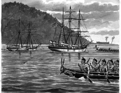 "War Canoes Paddle round the Whaleships at Kapiti Island"