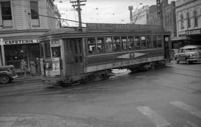 Tram on Corner of Egmont and Devon Street; 02 Jul 1954; PHO2011-0028